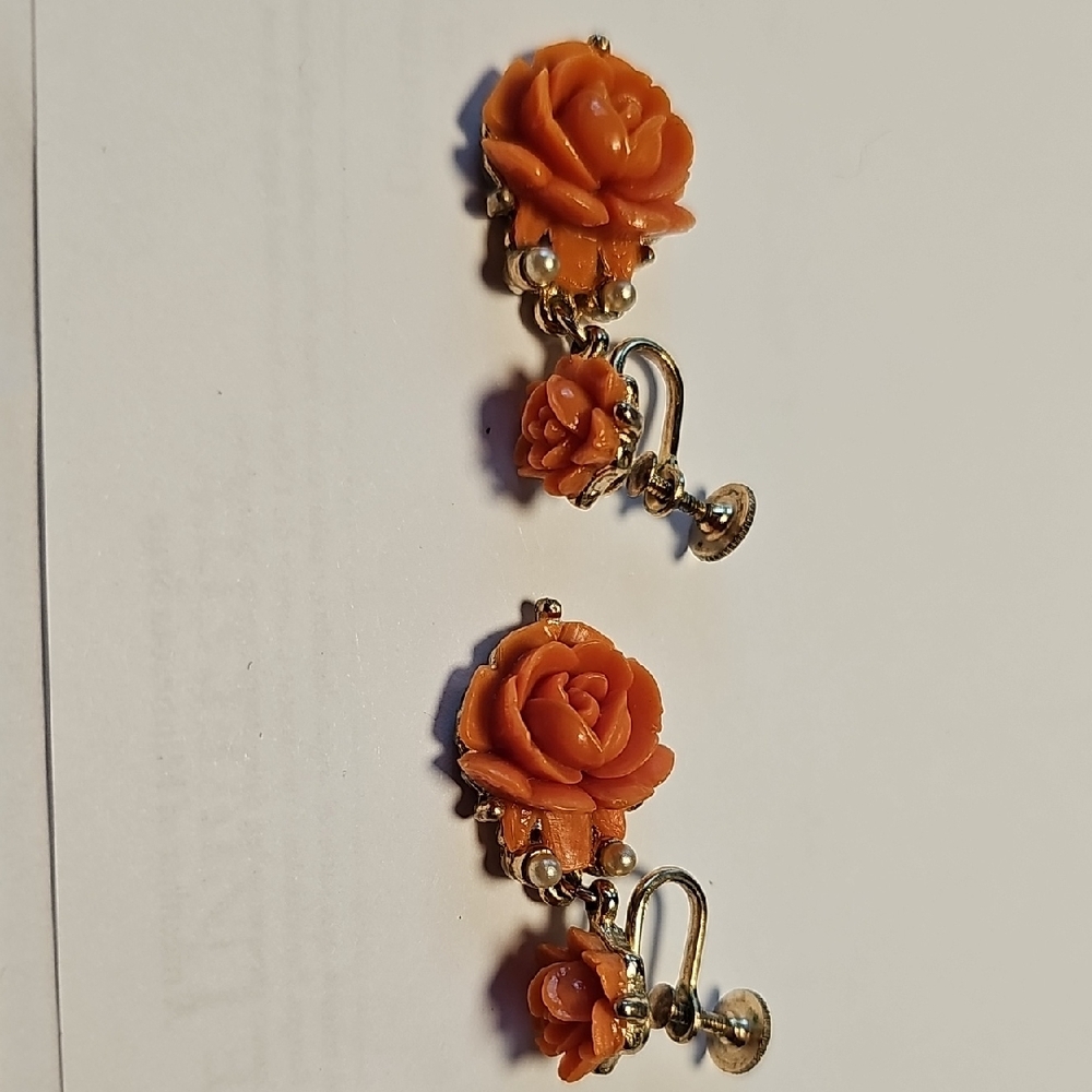 Vintage Faux Coral Rose Earrings Screwbacks
